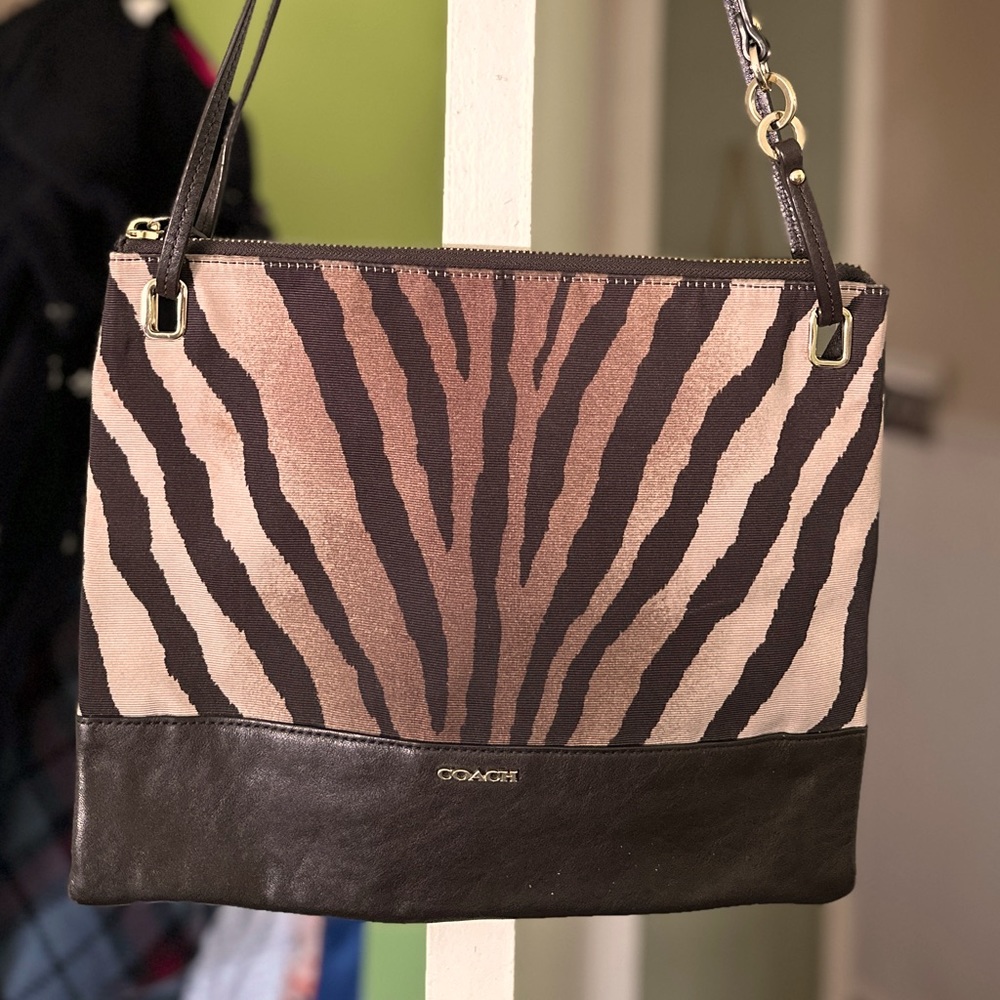 Auth Coach Madison Zebra Animal Print Shoulder Crossbody Purse Brown